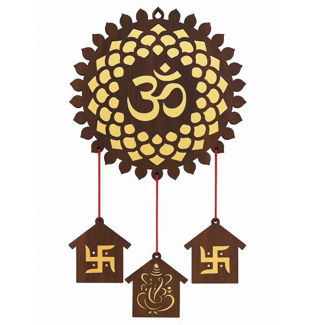Wooden Om Wall Hanging with Swastik and Ganesh