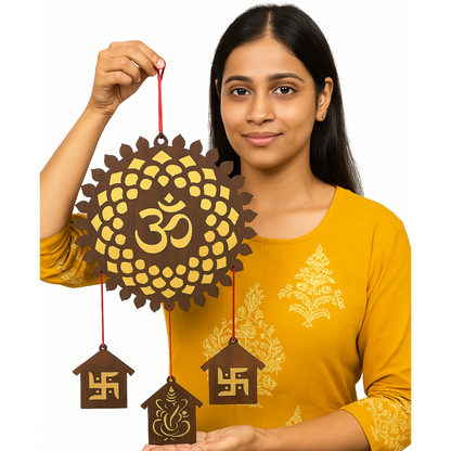 Wooden Om Wall Hanging with Swastik and Ganesh