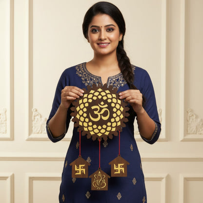 Wooden Om Wall Hanging with Swastik and Ganesh