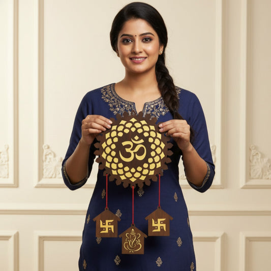 Wooden Om Wall Hanging with Swastik and Ganesh