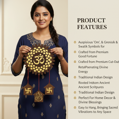 Wooden Om Wall Hanging with Swastik and Ganesh